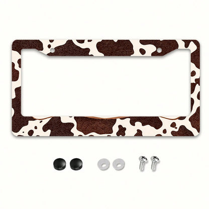 Western Cow Pattern License Plate Frame, Brown And White Cowhide Texture, Aluminum Alloy Material, Suitable For US And International Vehicle Models 12x6inch Includes Screws, Compatible With Most Inter