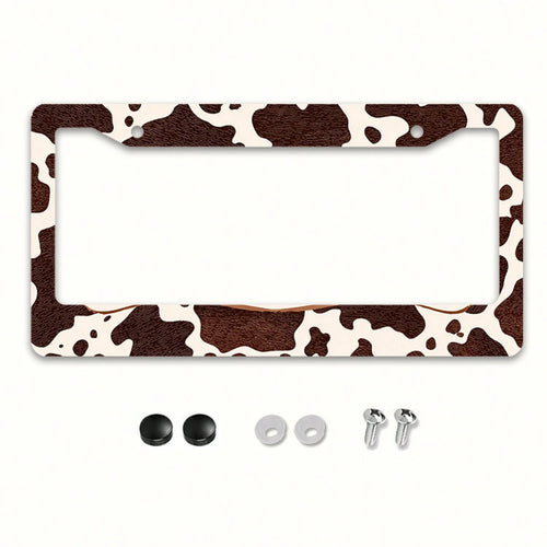 Western Cow Pattern License Plate Frame, Brown And White Cowhide Texture, Aluminum Alloy Material, Suitable For US And International Vehicle Models 12x6inch Includes Screws, Compatible With Most Inter