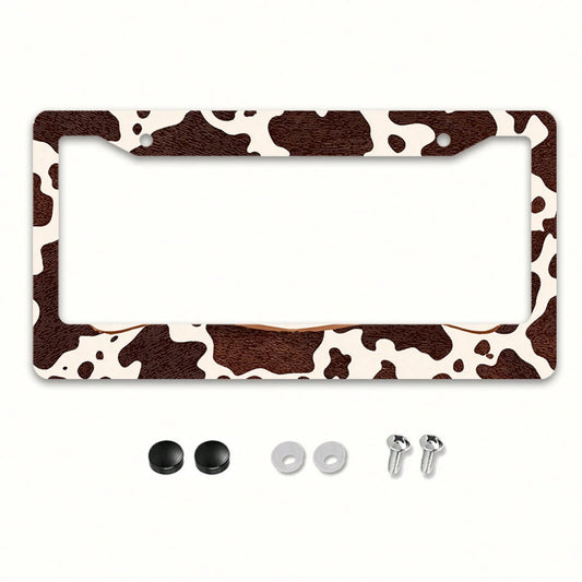 Western Cow Pattern License Plate Frame, Brown And White Cowhide Texture, Aluminum Alloy Material, Suitable For US And International Vehicle Models 12x6inch Includes Screws, Compatible With Most Inter