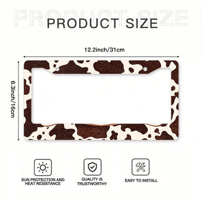 Western Cow Pattern License Plate Frame, Brown And White Cowhide Texture, Aluminum Alloy Material, Suitable For US And International Vehicle Models 12x6inch Includes Screws, Compatible With Most Inter