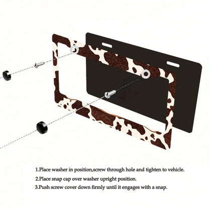 Western Cow Pattern License Plate Frame, Brown And White Cowhide Texture, Aluminum Alloy Material, Suitable For US And International Vehicle Models 12x6inch Includes Screws, Compatible With Most Inter