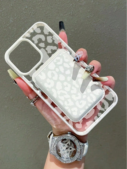 White Leopard Print Magnetic Phone Case + Matching Pattern White Leather Magnetic Card Holder. Compatible With IPhone 17 Pro Max/16/15/14/13/12/11/Xs Max, Galaxy S26, S25 Ultra, S24 Plus, S23 FE, And