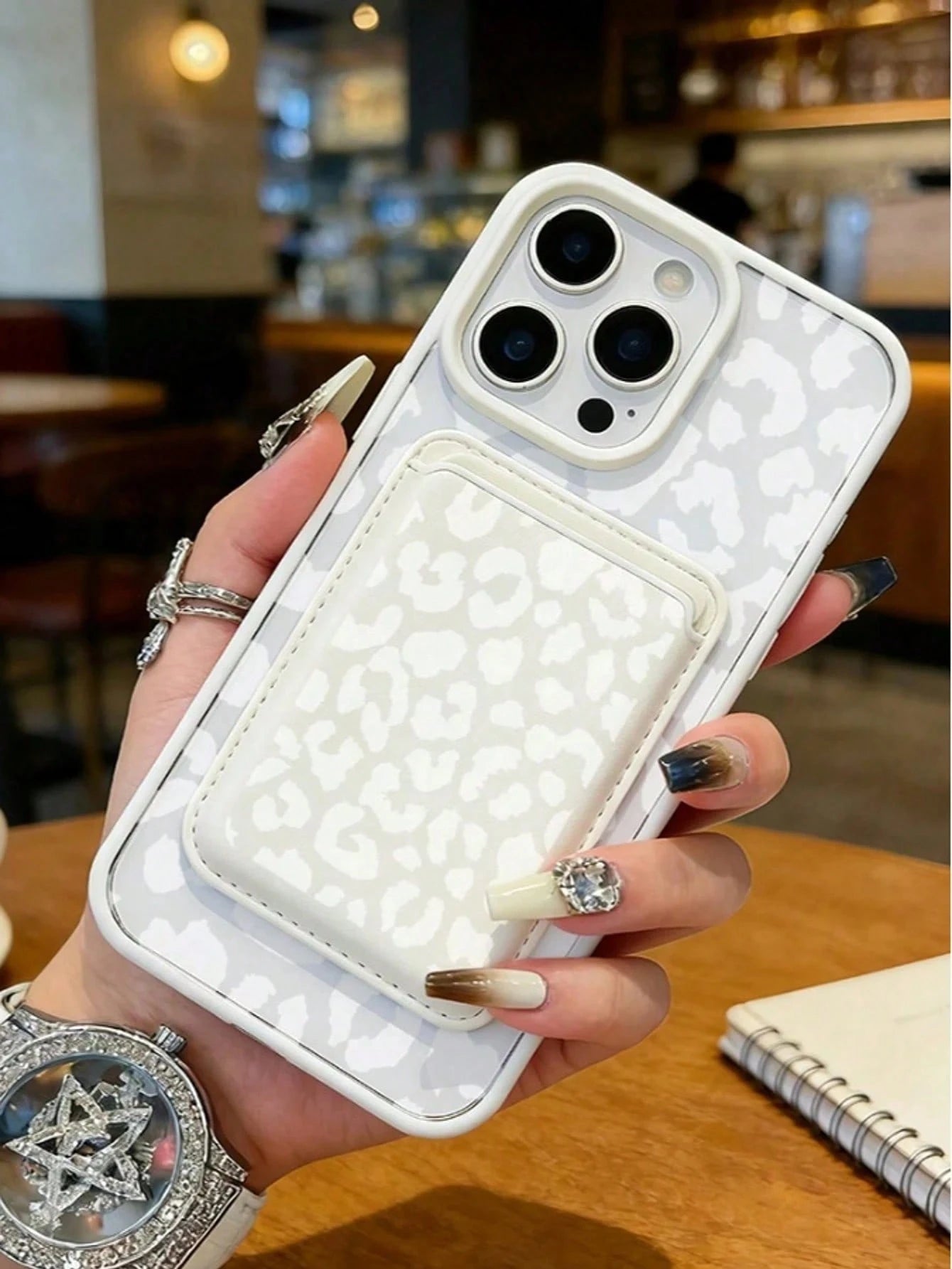 White Leopard Print Magnetic Phone Case + Matching Pattern White Leather Magnetic Card Holder. Compatible With IPhone 17 Pro Max/16/15/14/13/12/11/Xs Max, Galaxy S26, S25 Ultra, S24 Plus, S23 FE, And