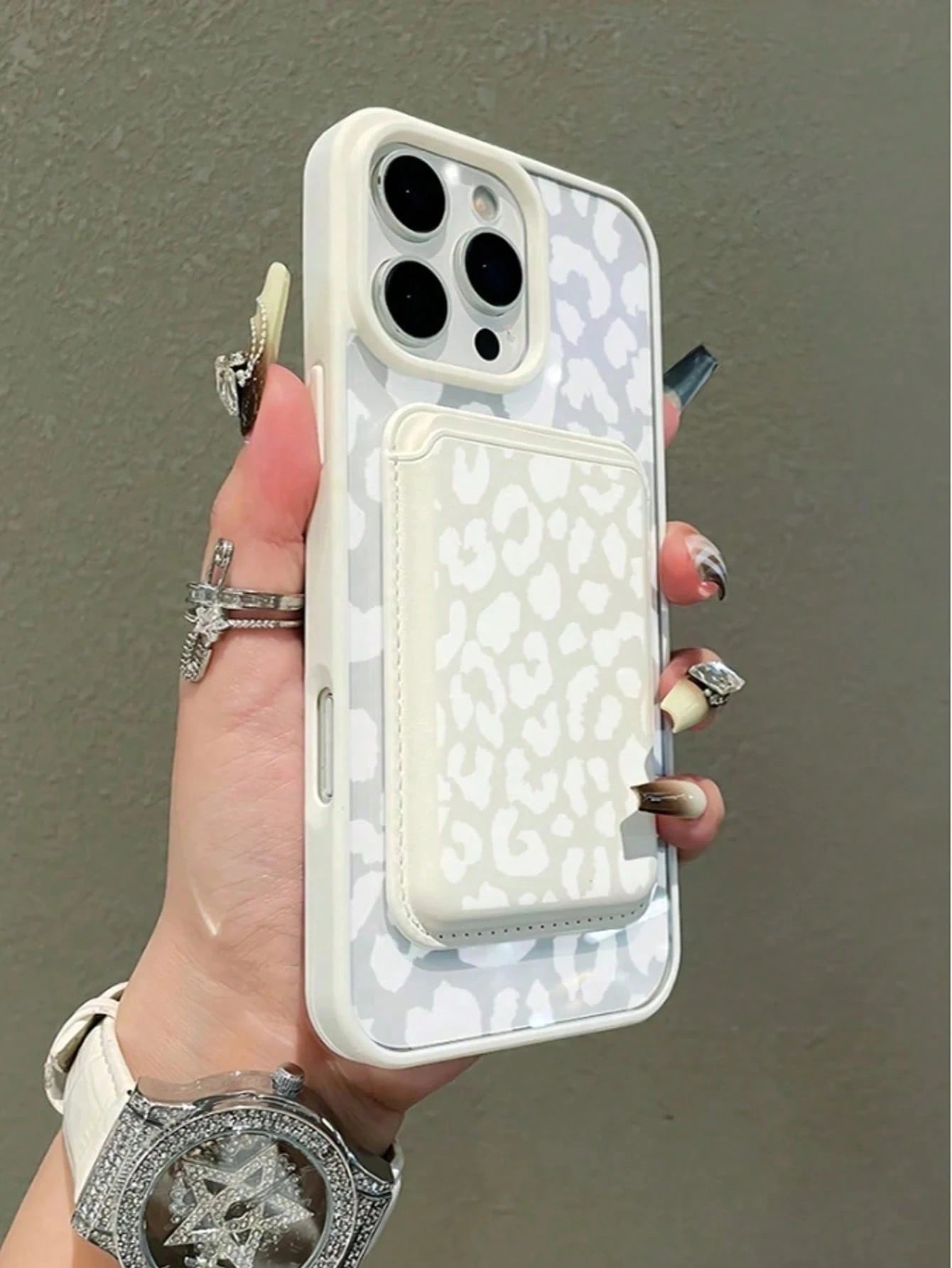 White Leopard Print Magnetic Phone Case + Matching Pattern White Leather Magnetic Card Holder. Compatible With IPhone 17 Pro Max/16/15/14/13/12/11/Xs Max, Galaxy S26, S25 Ultra, S24 Plus, S23 FE, And
