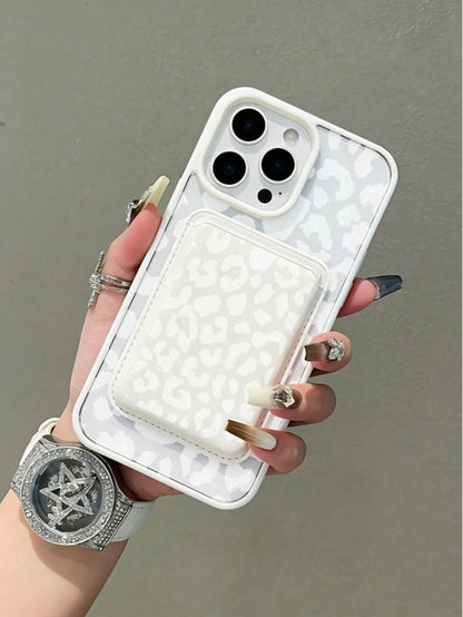 White Leopard Print Magnetic Phone Case + Matching Pattern White Leather Magnetic Card Holder. Compatible With IPhone 17 Pro Max/16/15/14/13/12/11/Xs Max, Galaxy S26, S25 Ultra, S24 Plus, S23 FE, And