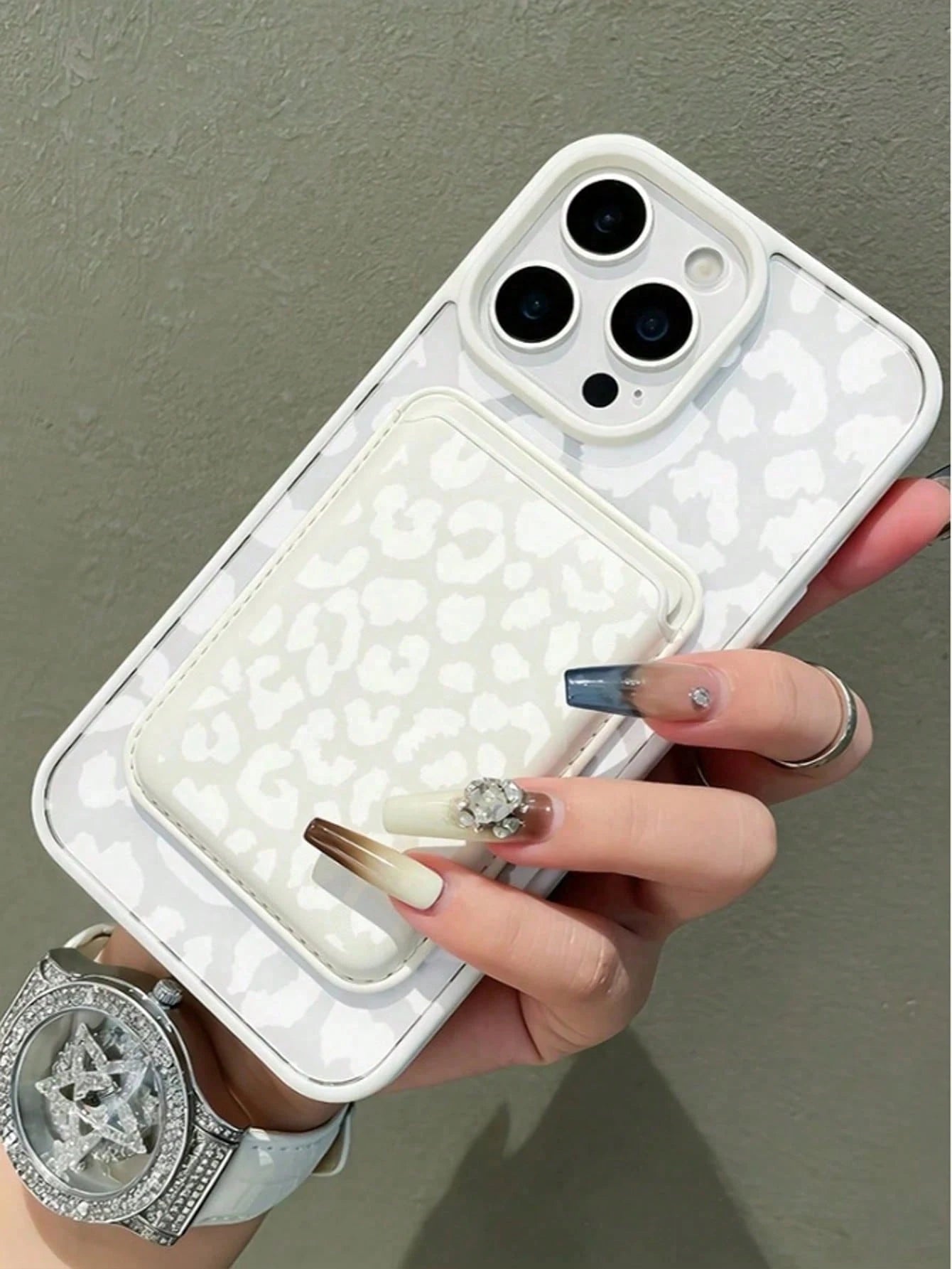 White Leopard Print Magnetic Phone Case + Matching Pattern White Leather Magnetic Card Holder. Compatible With IPhone 17 Pro Max/16/15/14/13/12/11/Xs Max, Galaxy S26, S25 Ultra, S24 Plus, S23 FE, And