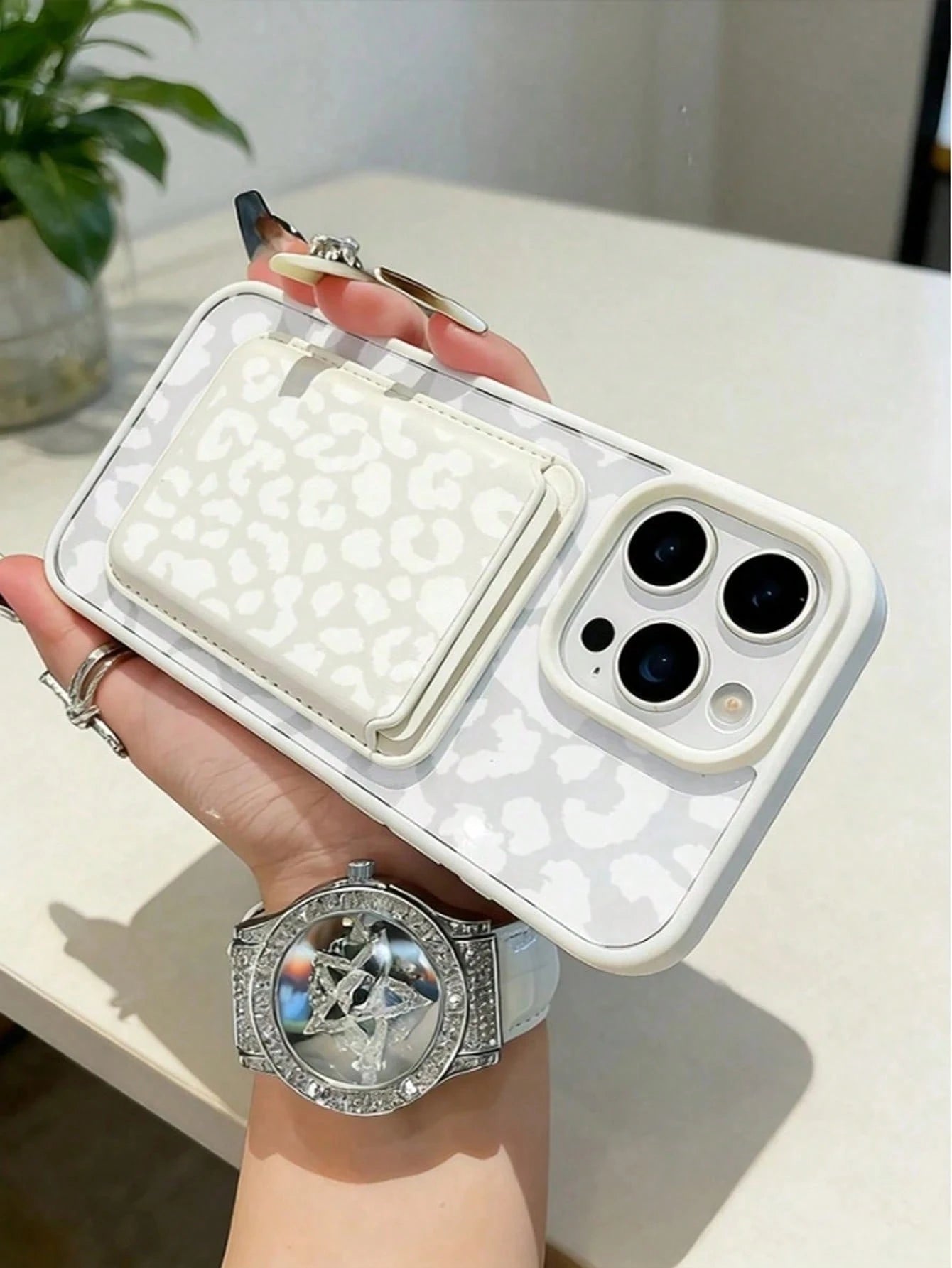 White Leopard Print Magnetic Phone Case + Matching Pattern White Leather Magnetic Card Holder. Compatible With IPhone 17 Pro Max/16/15/14/13/12/11/Xs Max, Galaxy S26, S25 Ultra, S24 Plus, S23 FE, And