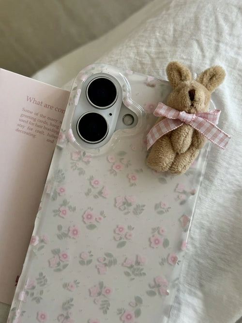 White Pink Rabbit Element Novelty Cases 1pc White Pink Rabbit Element Novelty Cases Youthful And Adorable Girl Floral White Classic Full-Coverage Soft Phone Shockproof Case With Three-Dimensional Pink