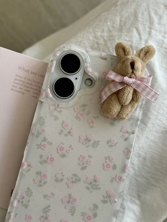 White Pink Rabbit Element Novelty Cases 1pc White Pink Rabbit Element Novelty Cases Youthful And Adorable Girl Floral White Classic Full-Coverage Soft Phone Shockproof Case With Three-Dimensional Pink