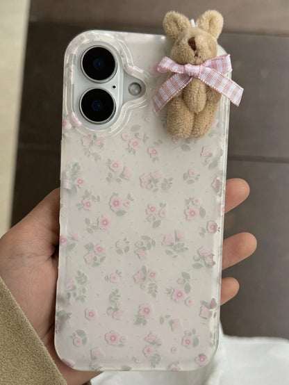 White Pink Rabbit Element Novelty Cases 1pc White Pink Rabbit Element Novelty Cases Youthful And Adorable Girl Floral White Classic Full-Coverage Soft Phone Shockproof Case With Three-Dimensional Pink