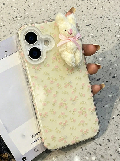 White Pink Rabbit Element Novelty Cases 1pc White Pink Rabbit Element Novelty Cases Youthful And Adorable Girl Floral White Classic Full-Coverage Soft Phone Shockproof Case With Three-Dimensional Pink