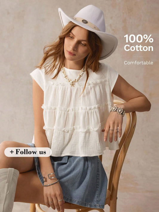 Wildy BOHO Cottagecore American Country Style Loose White Short Sleeve Office Vacation Casual Shirt Western Wear Women Babydoll Top Summer