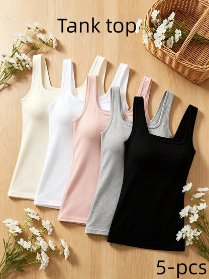 Women 5 Packs Camisole Tops, Soft Stretch Scoop Neck Tank Tops, Polyester Athletic Shirts For Sports