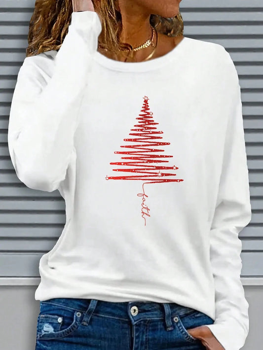 Women's Casual Long Sleeve Round Neck Pattern Printed T-Shirt - Red Christmas Tree Design, For Autumn And Winter Festive Seasons Christmas Tree Shirt