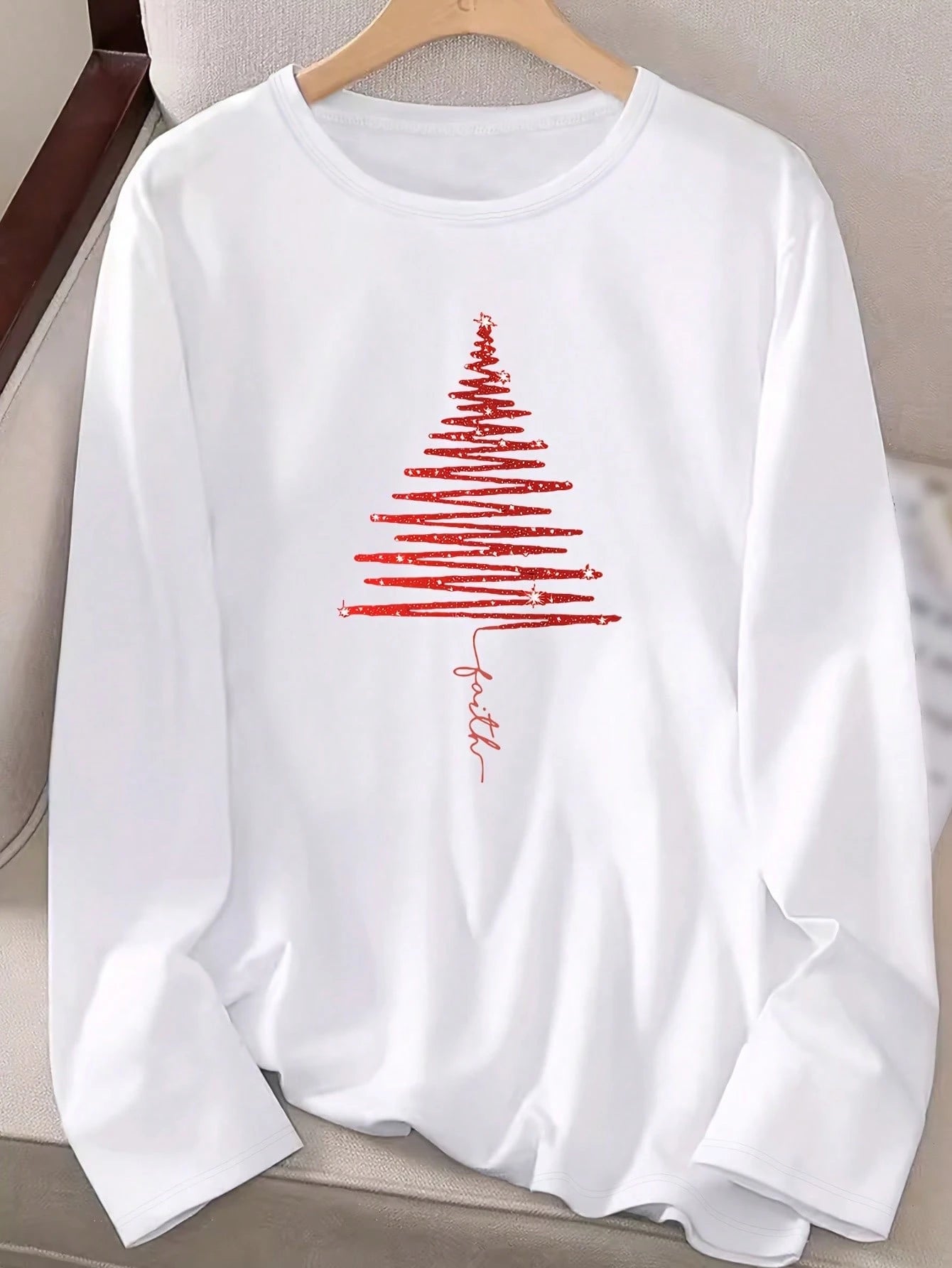 Women's Casual Long Sleeve Round Neck Pattern Printed T-Shirt - Red Christmas Tree Design, For Autumn And Winter Festive Seasons Christmas Tree Shirt
