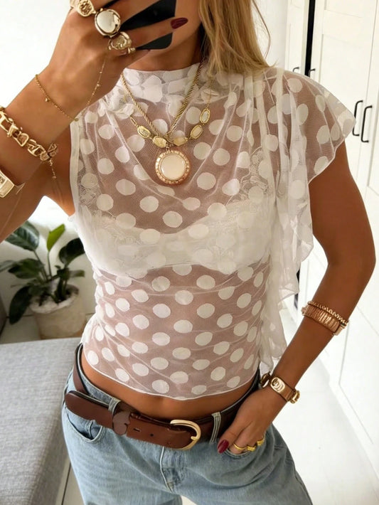 Women's Casual Y2K Polka Dot Fitted Short Sleeve Cover Up Top, Suitable For Party, Outing And Back To School, Spring/Summer Vacation Beach White