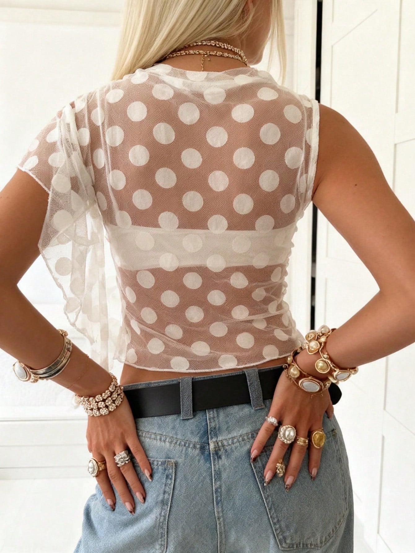 Women's Casual Y2K Polka Dot Fitted Short Sleeve Cover Up Top, Suitable For Party, Outing And Back To School, Spring/Summer Vacation Beach White