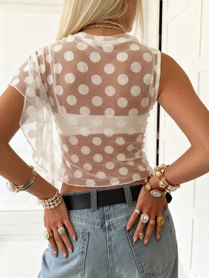 Women's Casual Y2K Polka Dot Fitted Short Sleeve Cover Up Top, Suitable For Party, Outing And Back To School, Spring/Summer Vacation Beach White
