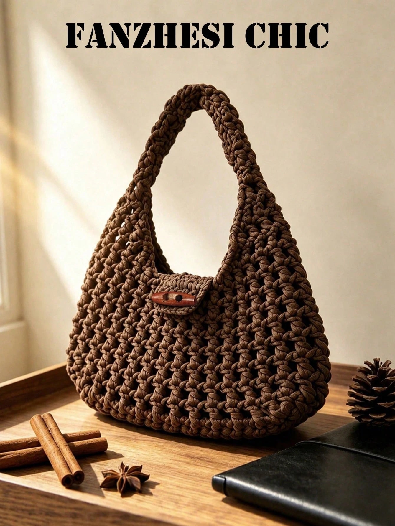 Women's Chunky Knit Brown Handbag, Hollow-Out Woven Design, Curved Shape, Breathable Knit, Suitable For Beach Shopping, Outdoor Leisure Travel