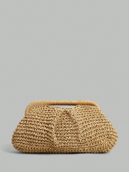 Women's Chunky Knit Brown Handbag, Hollow-Out Woven Design, Curved Shape, Breathable Knit, Suitable For Beach Shopping, Outdoor Leisure Travel