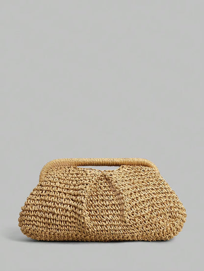 Women's Chunky Knit Brown Handbag, Hollow-Out Woven Design, Curved Shape, Breathable Knit, Suitable For Beach Shopping, Outdoor Leisure Travel