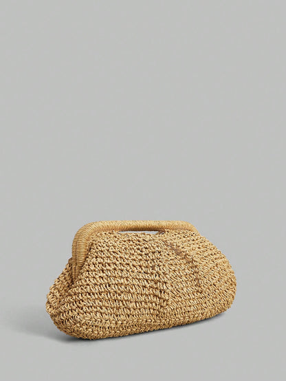 Women's Chunky Knit Brown Handbag, Hollow-Out Woven Design, Curved Shape, Breathable Knit, Suitable For Beach Shopping, Outdoor Leisure Travel