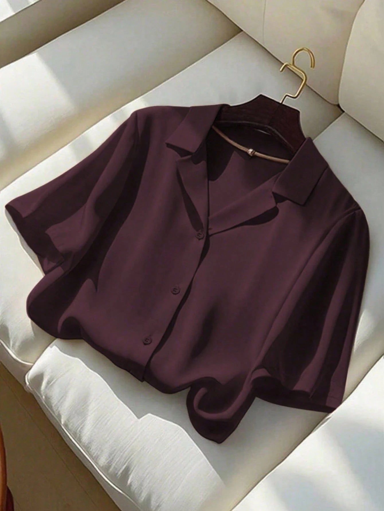 Women's Dark Purple Summer Casual Chic Bissness Professional Short Sleeve Collared Shirt,Solid Color Versatile Office Work Blouses,Business Tops