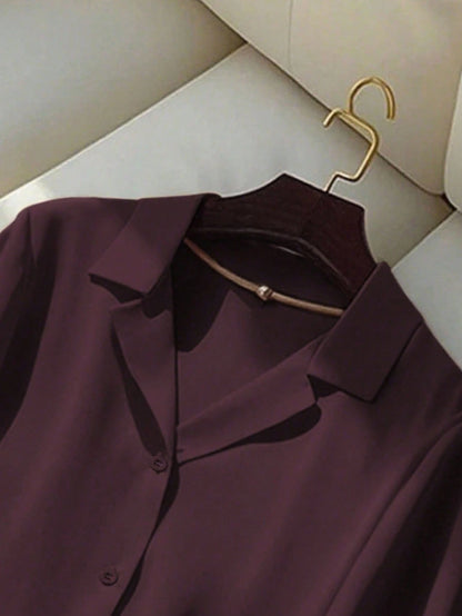 Women's Dark Purple Summer Casual Chic Bissness Professional Short Sleeve Collared Shirt,Solid Color Versatile Office Work Blouses,Business Tops