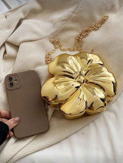 Women's Elegant Mini Flower Shaped Chain Crossbody Bag, Metallic Y2K Style Theme Party Shoulder Bag, Fashionable Novelty Shaped Bags, Versatile Small Mobile Phone Key Coin Purse, Portable Outdoor Trav