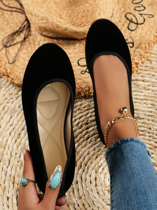 Women's Faux Suede Bow Retro Elegant Wedge Heel Casual Round Toe Flat Shoes, Solid Color Slip-On Flat Sandals, Black Color For Students And Teenagers