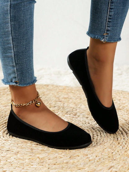 Women's Faux Suede Bow Retro Elegant Wedge Heel Casual Round Toe Flat Shoes, Solid Color Slip-On Flat Sandals, Black Color For Students And Teenagers