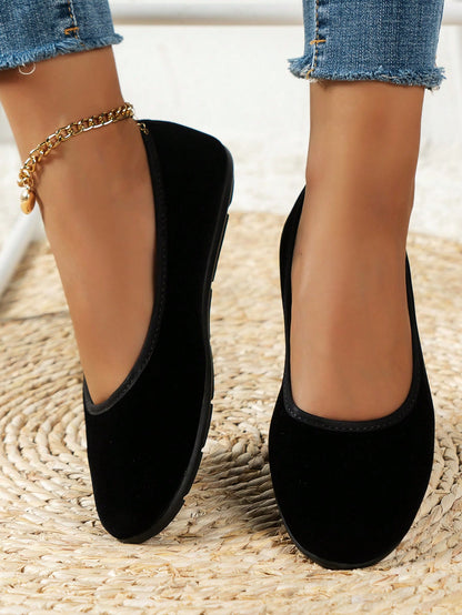 Women's Faux Suede Bow Retro Elegant Wedge Heel Casual Round Toe Flat Shoes, Solid Color Slip-On Flat Sandals, Black Color For Students And Teenagers