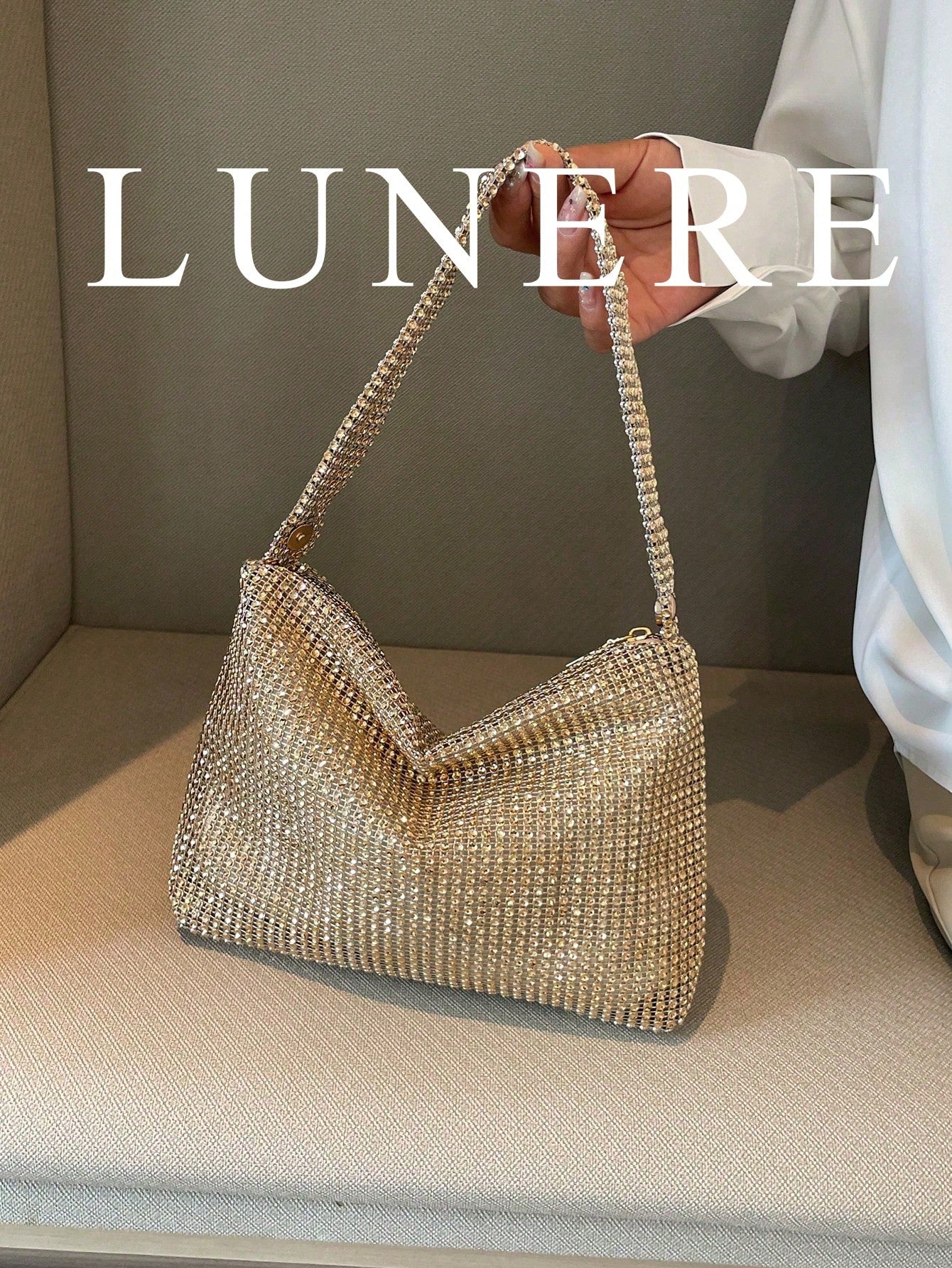 Women's Glittering Gold Elegant Party Clutch Bag, Shiny & Alluring, New Arrival Rhinestone Crescent Moon Handbag In Stock, Fashionable Shoulder Bag For Party, Dinner, Suitable For Girls, Women, Weddin
