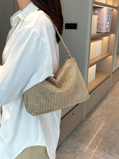 Women's Glittering Gold Elegant Party Clutch Bag, Shiny & Alluring, New Arrival Rhinestone Crescent Moon Handbag In Stock, Fashionable Shoulder Bag For Party, Dinner, Suitable For Girls, Women, Weddin