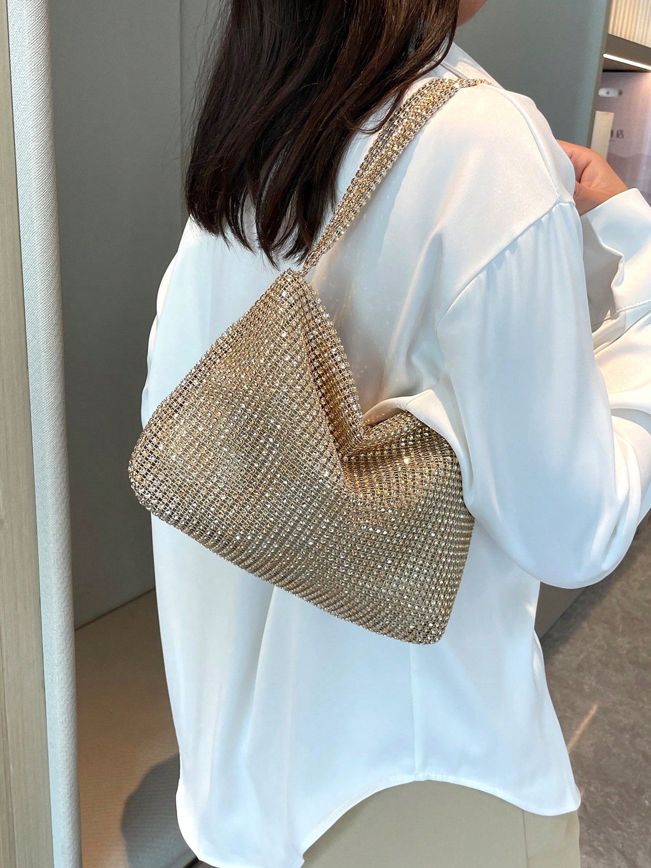 Women's Glittering Gold Elegant Party Clutch Bag, Shiny & Alluring, New Arrival Rhinestone Crescent Moon Handbag In Stock, Fashionable Shoulder Bag For Party, Dinner, Suitable For Girls, Women, Weddin