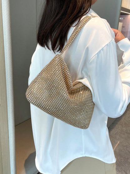 Women's Glittering Gold Elegant Party Clutch Bag, Shiny & Alluring, New Arrival Rhinestone Crescent Moon Handbag In Stock, Fashionable Shoulder Bag For Party, Dinner, Suitable For Girls, Women, Weddin