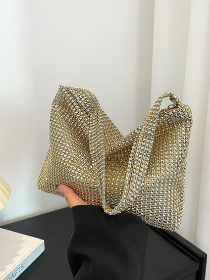 Women's Glittering Gold Elegant Party Clutch Bag, Shiny & Alluring, New Arrival Rhinestone Crescent Moon Handbag In Stock, Fashionable Shoulder Bag For Party, Dinner, Suitable For Girls, Women, Weddin