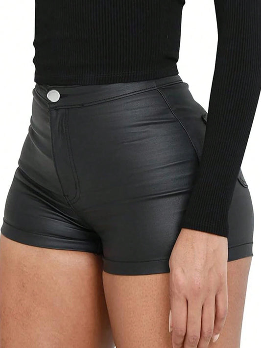 Women's Solid Color Casual Coated Shorts, Sexy Street Style, Autumn/Winter Black Summer, Y2K Aesthetic