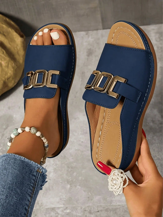 Women's Solid Color Wedge Sandals With Metal Chain Design,Open-Toe Platform Sandals,Outdoor Flat Sandals For Summer,Versatile Beach Shoes,Sandal Women