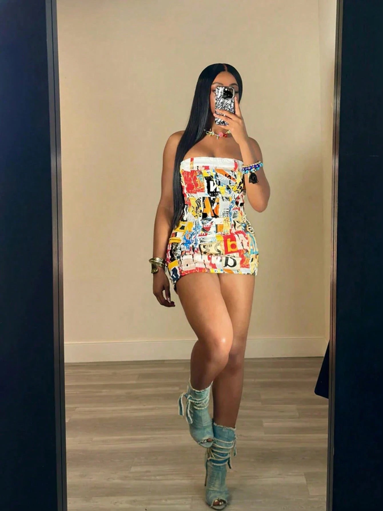 Women's Street Fashion Party Rock Print Color Block Mini Dress White Vacation Summer Elegant