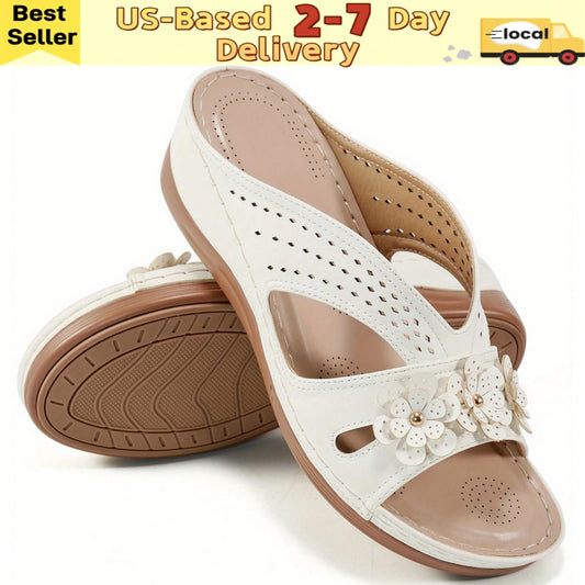 Women's Summer White Flat Sandals,Super Breathable,Open Toe Sandals With Arch Support Effortless Slip-On.Wedge Slide Sandals For Women Beach