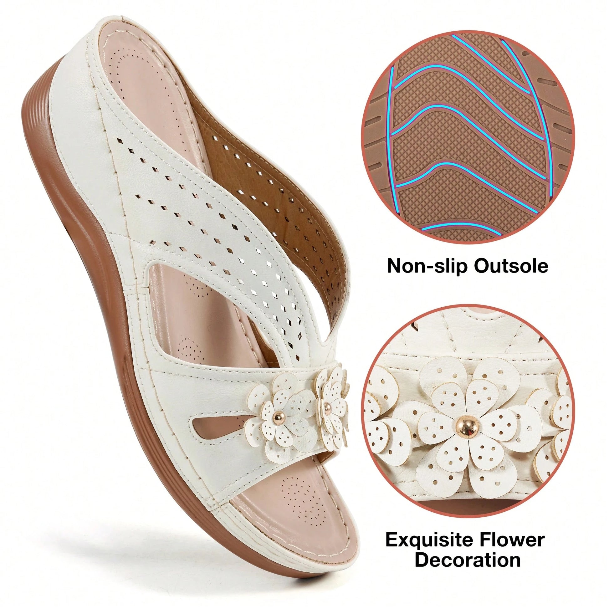 Women's Summer White Flat Sandals,Super Breathable,Open Toe Sandals With Arch Support Effortless Slip-On.Wedge Slide Sandals For Women Beach