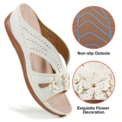 Women's Summer White Flat Sandals,Super Breathable,Open Toe Sandals With Arch Support Effortless Slip-On.Wedge Slide Sandals For Women Beach