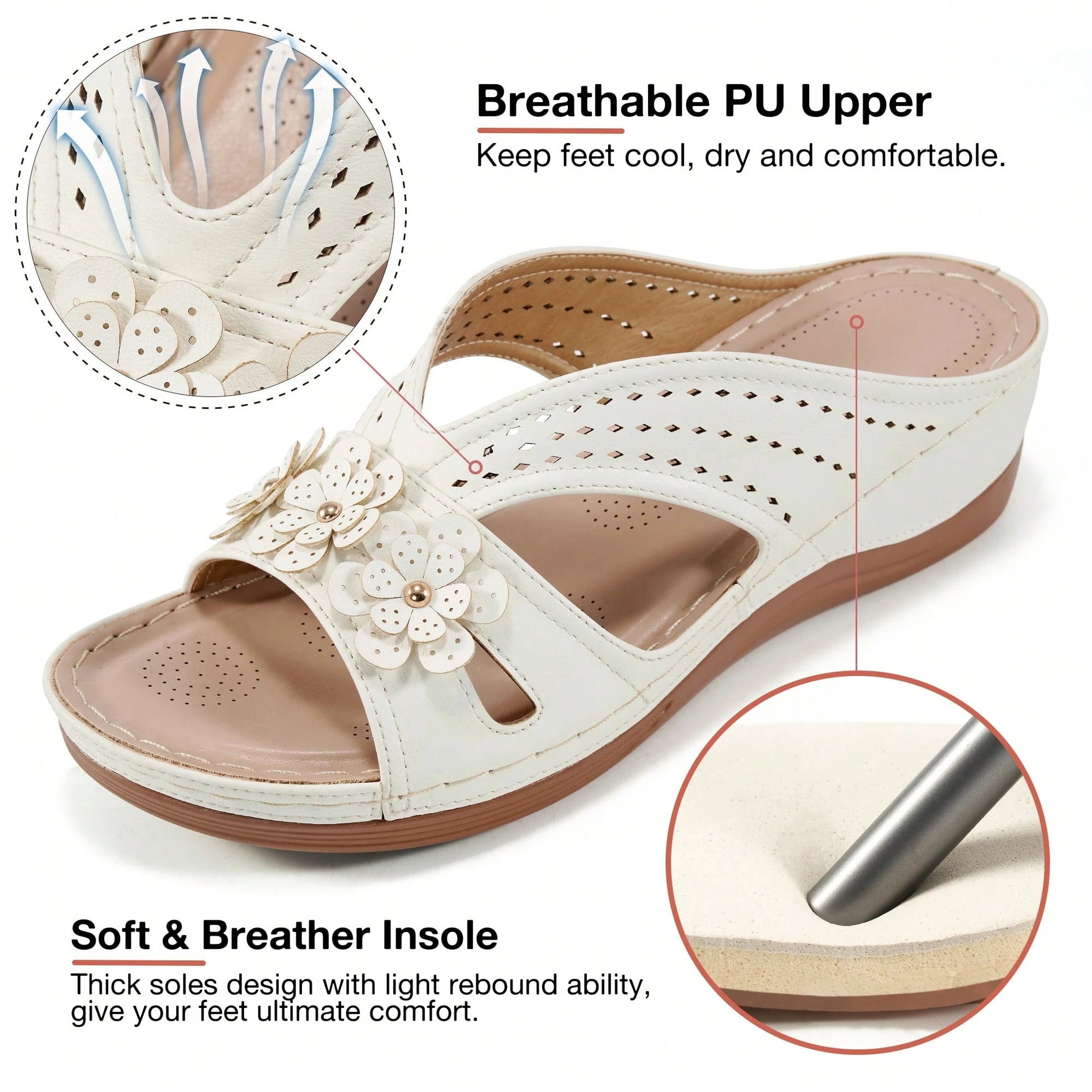 Women's Summer White Flat Sandals,Super Breathable,Open Toe Sandals With Arch Support Effortless Slip-On.Wedge Slide Sandals For Women Beach