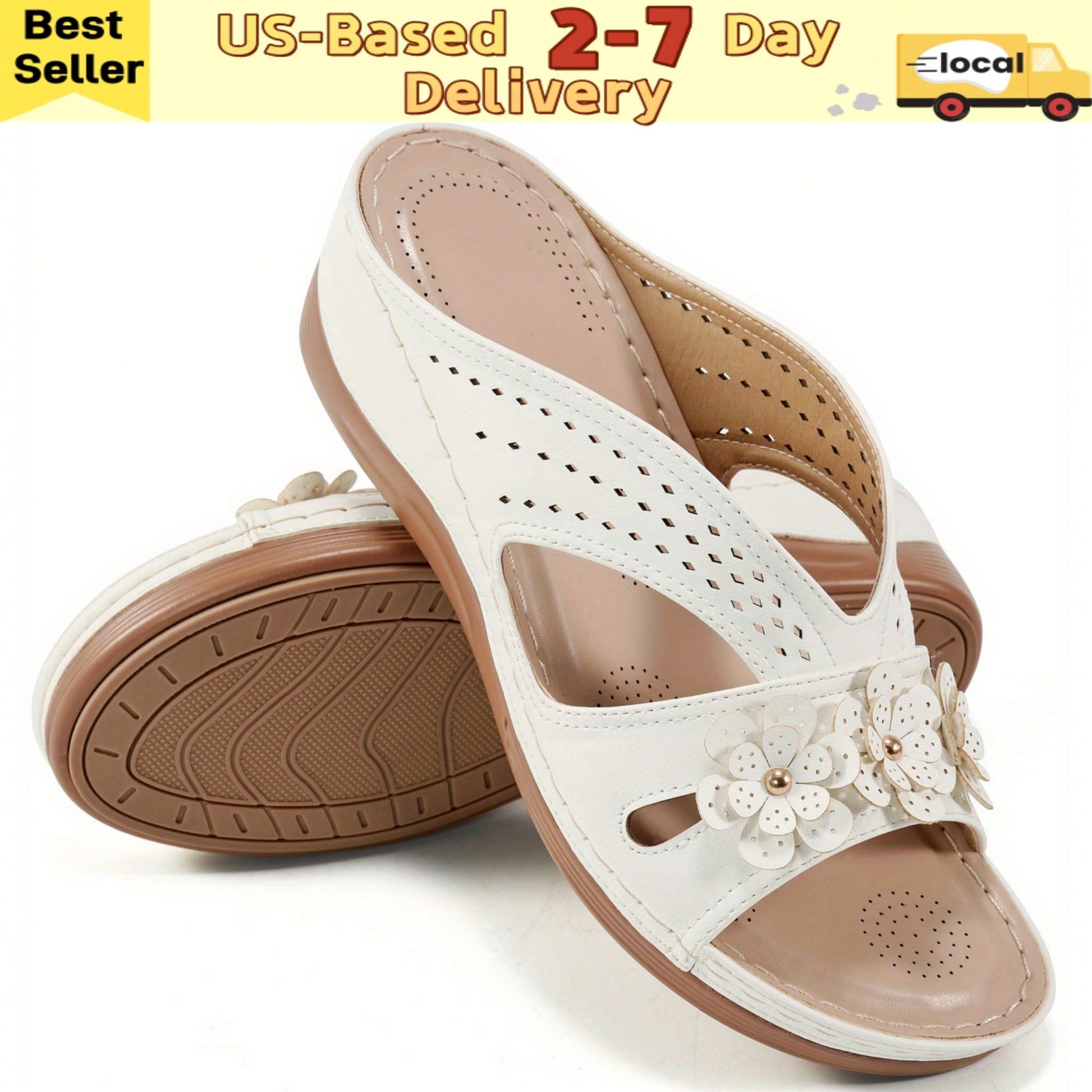 Women's Summer White Flat Sandals,Super Breathable,Open Toe Sandals With Arch Support Effortless Slip-On.Wedge Slide Sandals For Women Beach