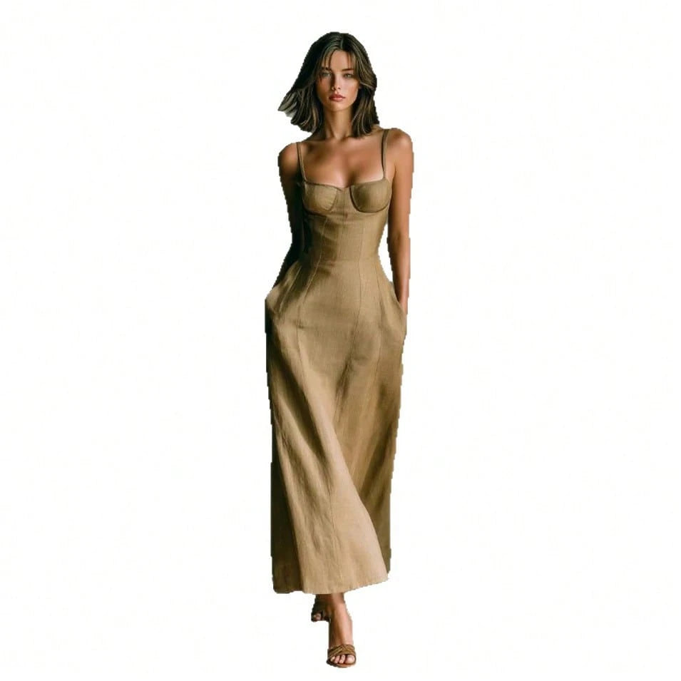 Women's U-Neck Spaghetti Strap Maxi Dress, A-Line Long Dress With Pockets, Summer Outfit