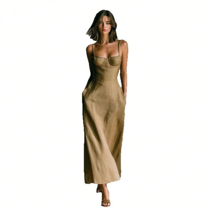 Women's U-Neck Spaghetti Strap Maxi Dress, A-Line Long Dress With Pockets, Summer Outfit