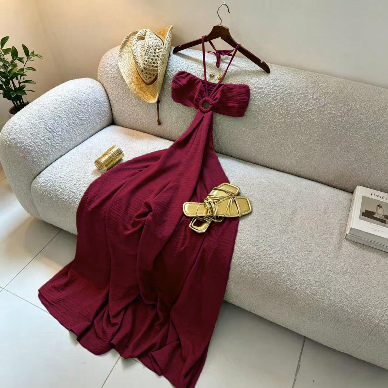 Women's Vacation Style Midi Dress, Print Backless Hollow Out Spaghetti Strap Dress, Summer Elegant Party, Boho
