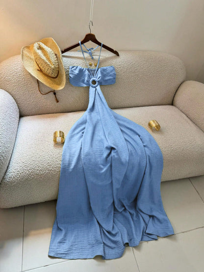 Women's Vacation Style Midi Dress, Print Backless Hollow Out Spaghetti Strap Dress, Summer Elegant Party, Boho