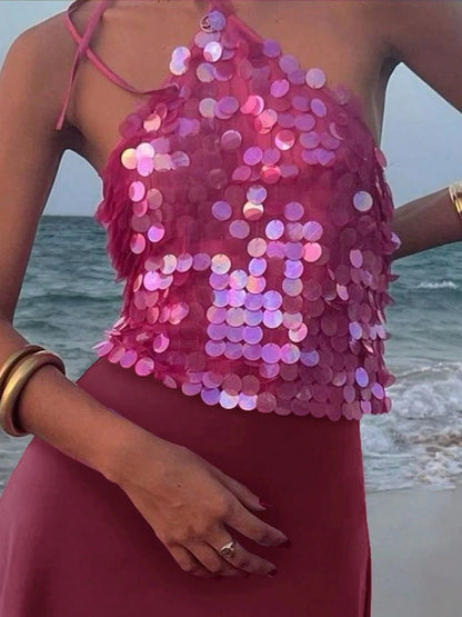 Women Summer Sleeveless Halter Neck Sequins Cami Crop Tops